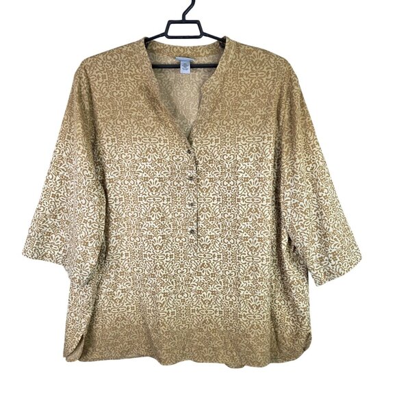 Womens Catherines Maggie Barnes Gold & Cream Floral Print Blouse 3/4 Sleeve 5X - Picture 1 of 7